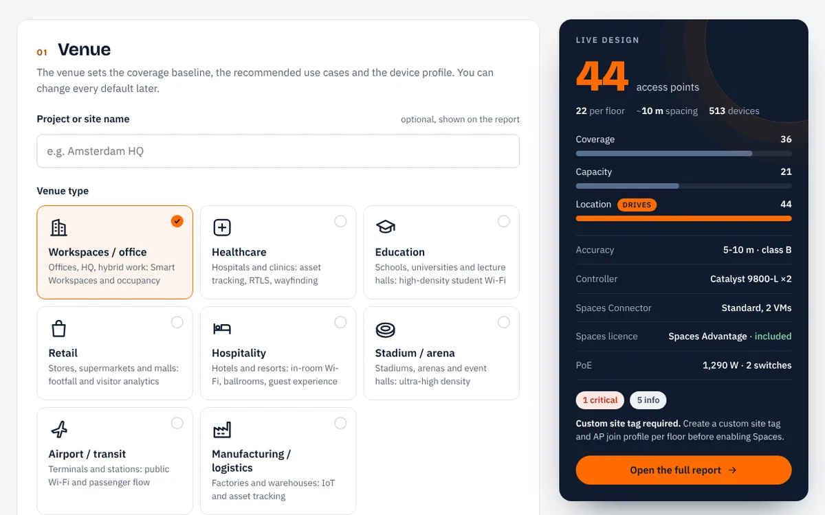 Spaces Designer: live design with access points, rules, controller and licence