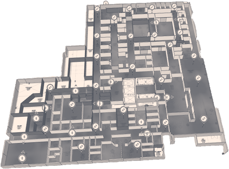 3D heatmap of a wireless design: building floor plan with access points