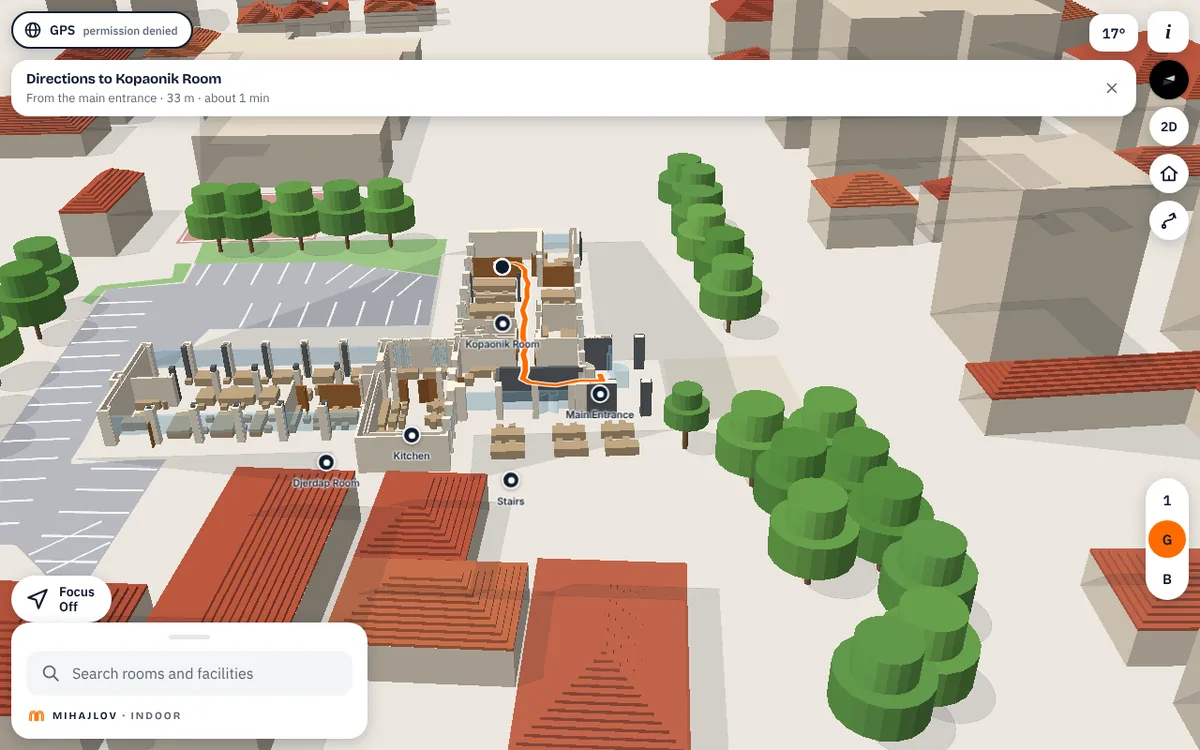 Wayfinding demo: 3D floor plan with a walking route from the main entrance to a meeting room